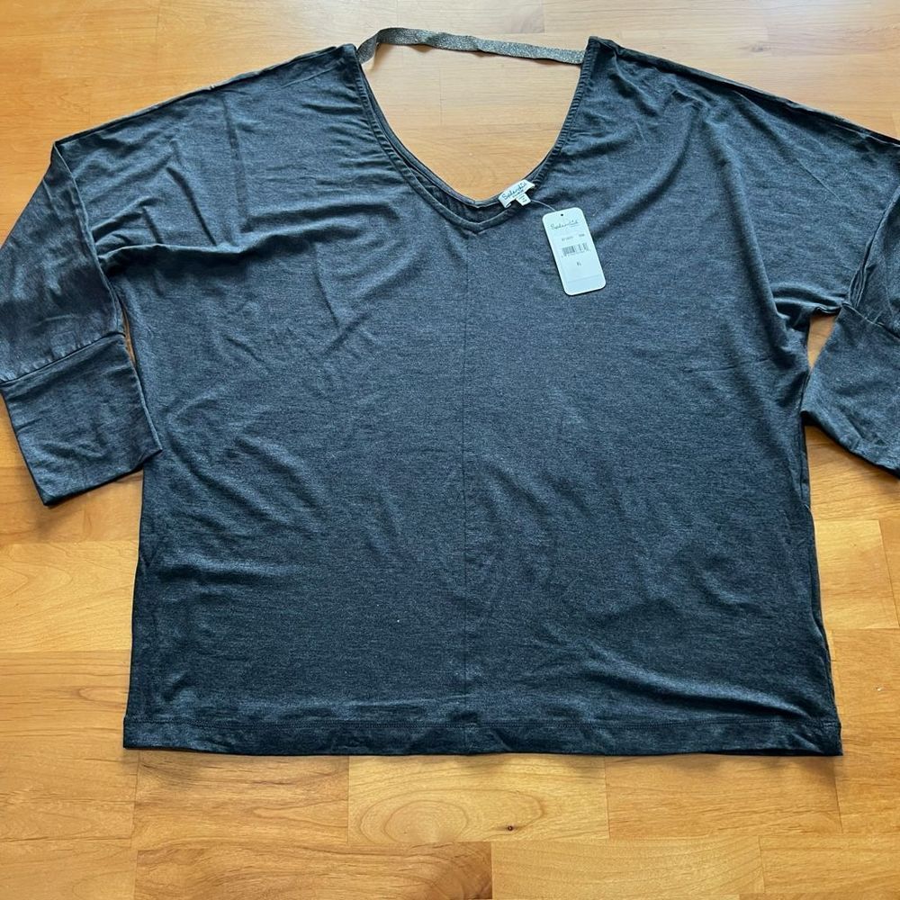 Splendid Metallic Trim Double V Tee Shirt - Women's Size XL - Charcoal NEW!